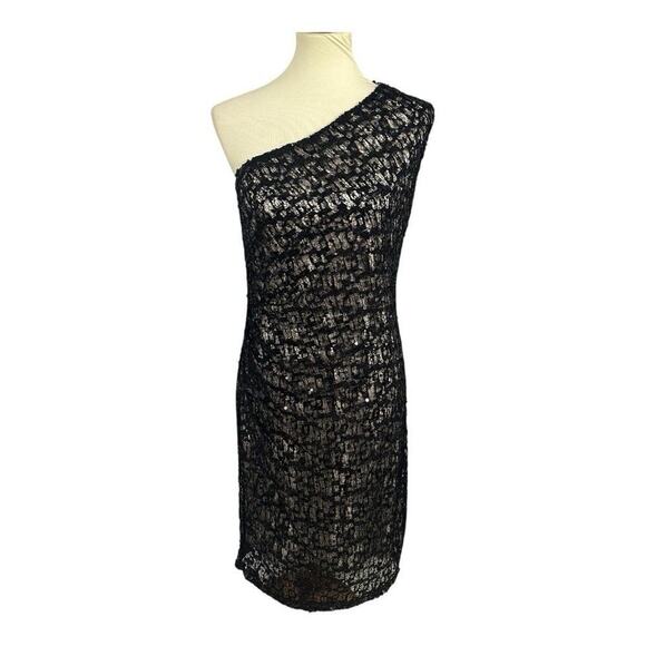 David Meister Black Lace One Shoulder Sequin Cocktail Dress Evening Formal Sz 12 - Picture 3 of 11